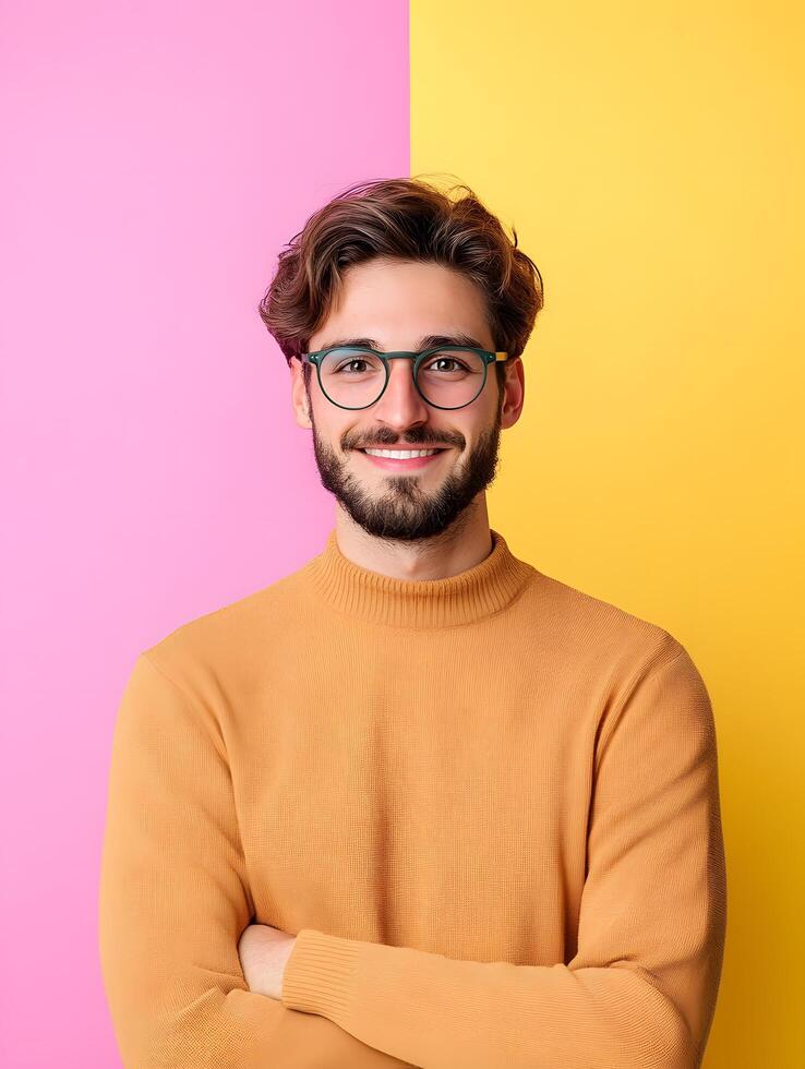 Friendly and confident portrait of a young man with glasses wearing a casual sweater set against a vibrant pink and yellow background photo