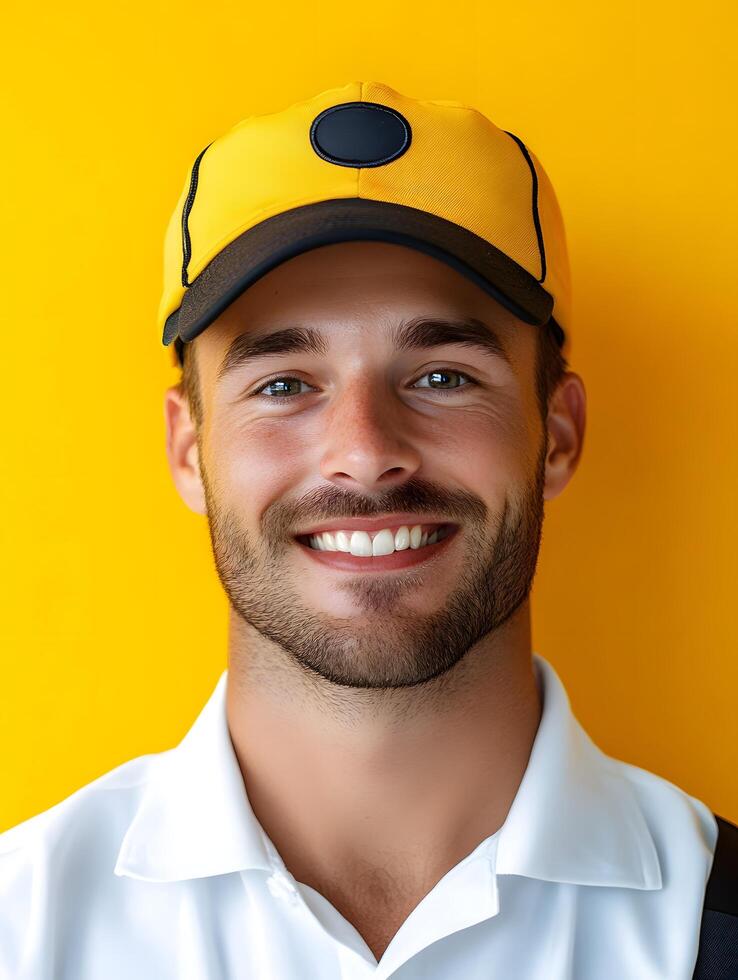 Cheerful portrait of a young bearded man wearing a yellow cap and uniform smiling confidently against a vibrant yellow background photo