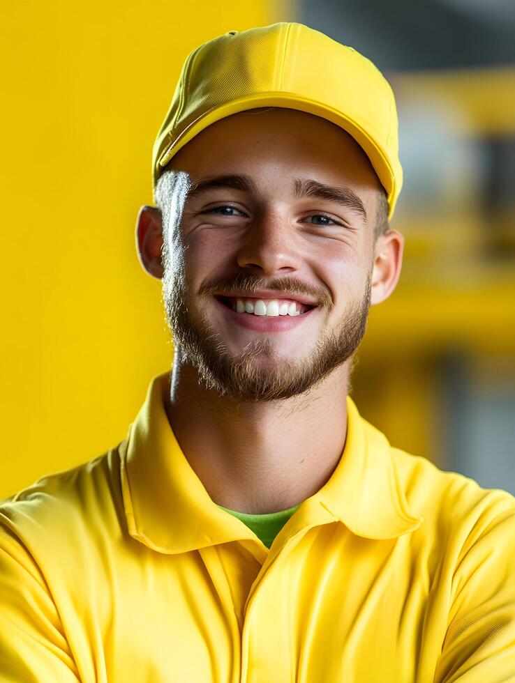 Cheerful portrait of a young male warehouse worker wearing a yellow uniform and safety helmet standing in front of a bright yellow background photo