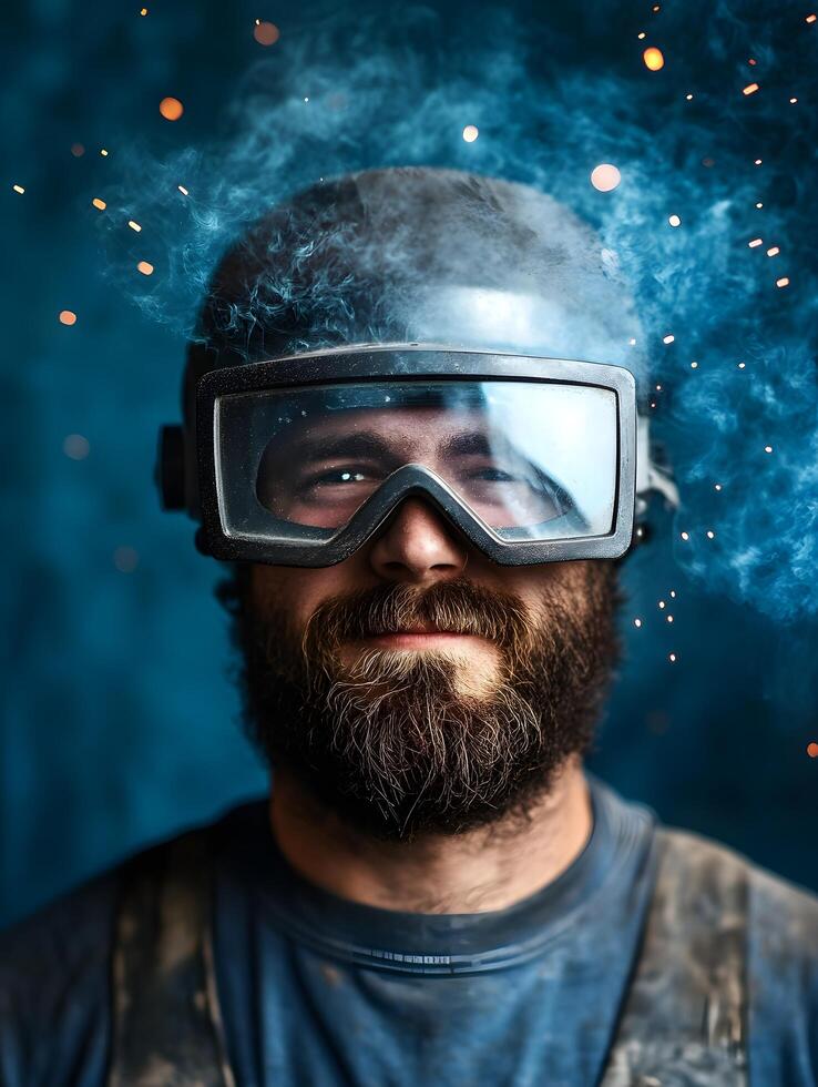 Close up portrait of a bearded man wearing a welding helmet and goggles surrounded by smoke and sparks set against a vibrant colorful background photo