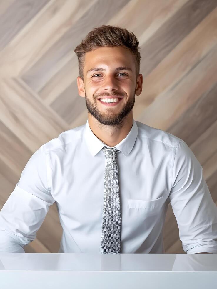 Friendly well dressed front desk manager smiling confidently in a professional office setting photo