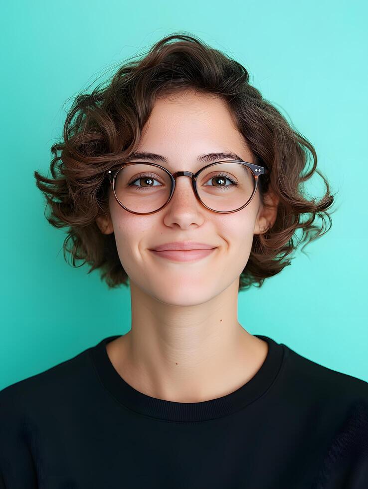 Close up portrait of a young smiling woman with curly hair and glasses wearing a black shirt against a vibrant green background conveying a creative and confident expression photo