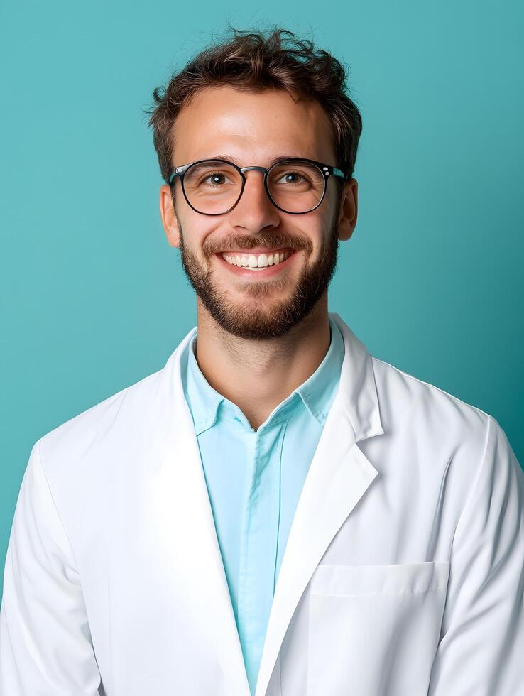 Friendly professional looking biologist wearing a white lab coat and glasses standing against a teal colored studio background and smiling confidently at the photo