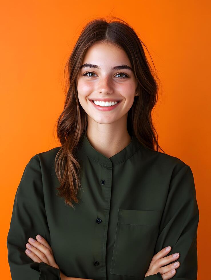 Cheerful portrait of a young woman likely a professional hair stylist with a warm friendly smile and confident expression set against a vibrant orange background photo