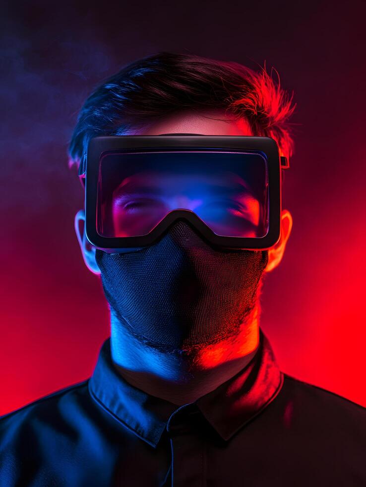 Close up portrait of a person wearing a futuristic virtual reality headset with dramatic lighting and a moody intense expression photo
