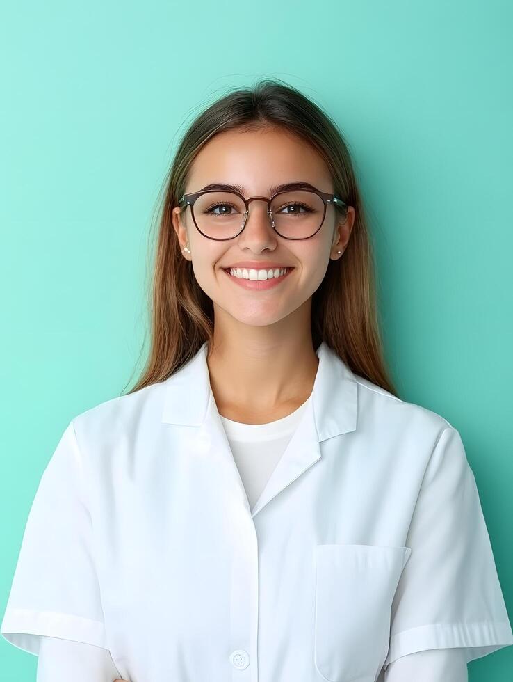 Close up portrait of a friendly cheerful young woman wearing eyeglasses and a white medical coat smiling confidently against a mint green background photo