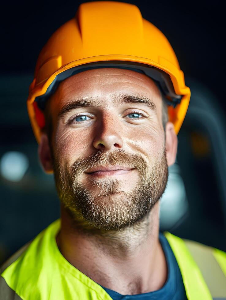 Close up portrait of a smiling male worker wearing a yellow hardhat and high visibility safety vest representing a heavy equipment operator in a construction or industrial setting photo