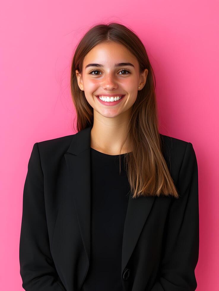 Portrait of a confident professional young woman with a warm friendly smile dressed in a black jacket and posing against a vibrant pink background photo