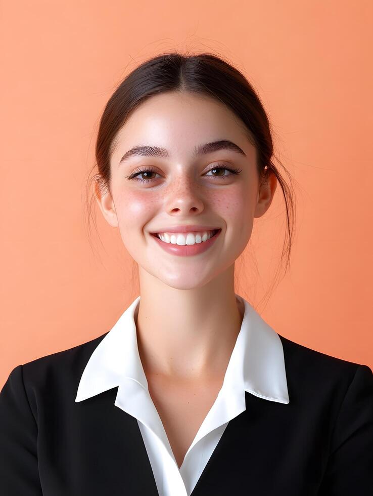 Portrait of a friendly and professional hotel receptionist offering a warm welcome and customer service with a smile photo