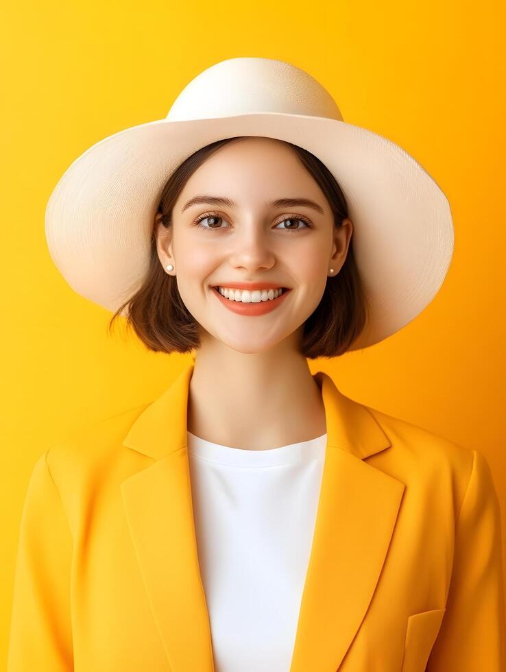 Portrait of a cheerful stylishly dressed young woman with a warm smile posing against a vibrant yellow background likely a travel agent or advisor photo