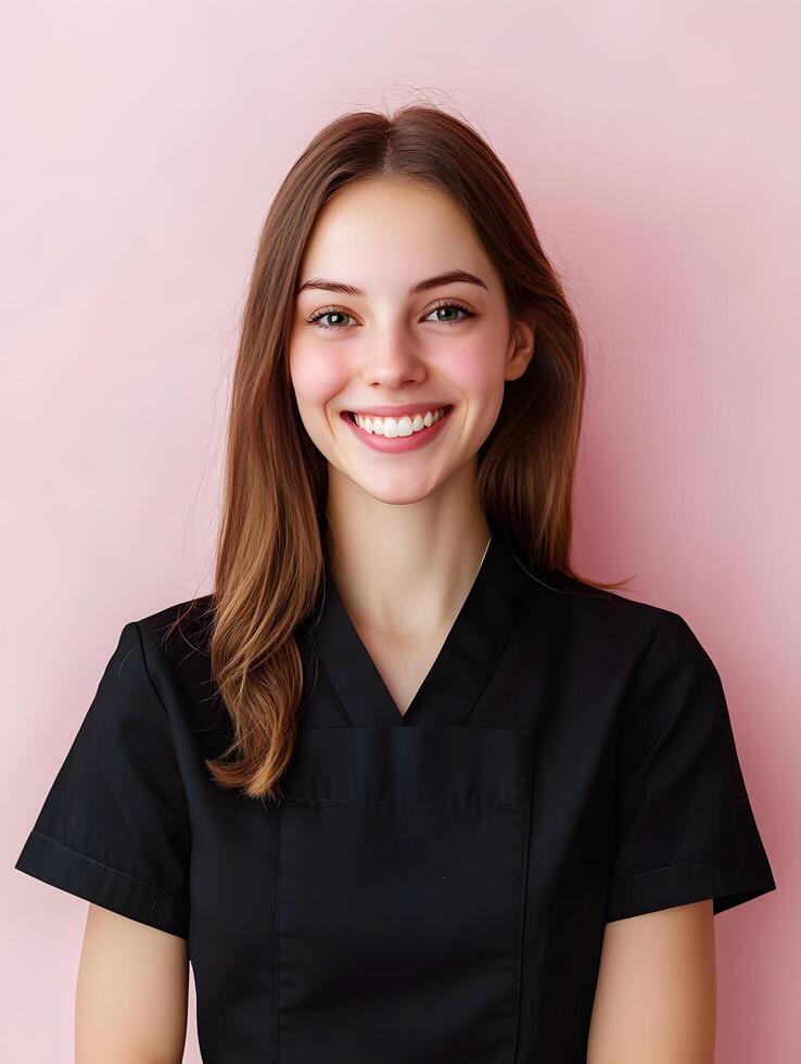 Portrait of a cheerful friendly young woman working as a manicurist smiling confidently against a vibrant colored background photo