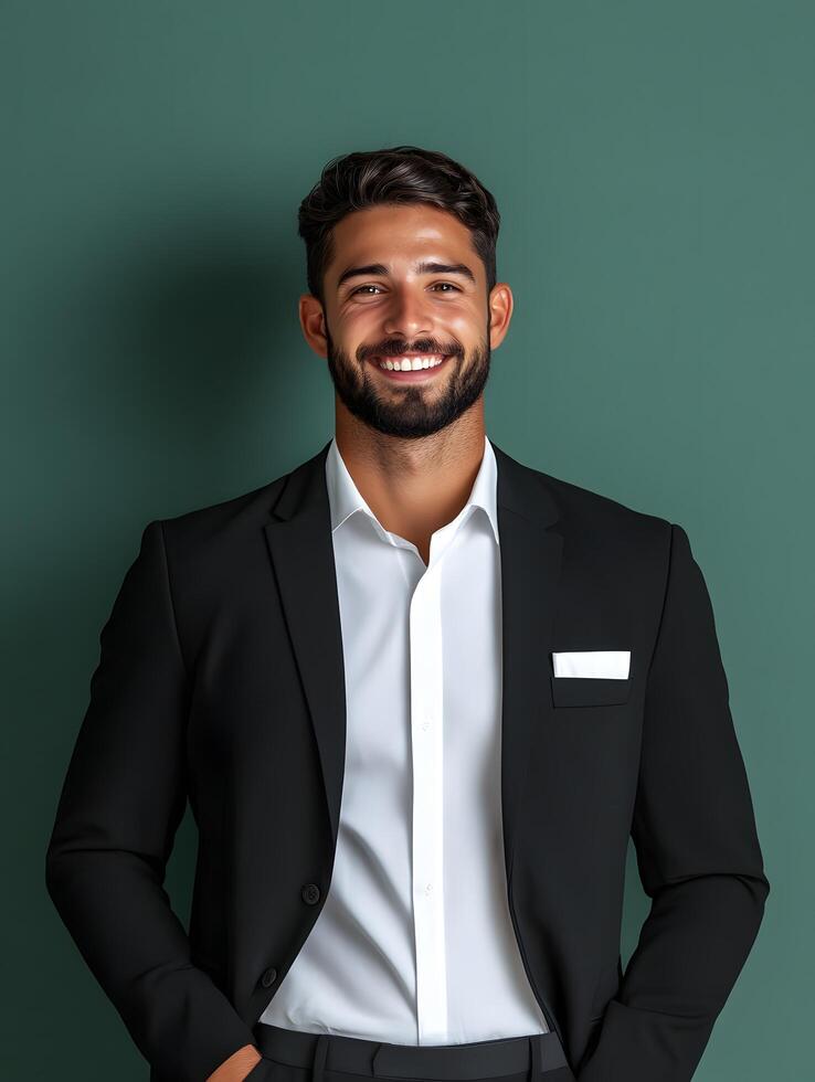 Portrait of a young smiling man in a suit standing at the hotel front desk and welcoming guests with a friendly expression photo