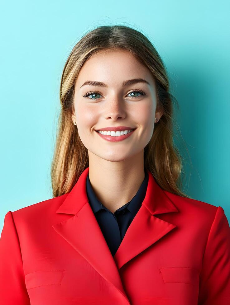 Portrait of a confident and friendly young woman in a red jacket posing with a welcoming expression against a blue background photo