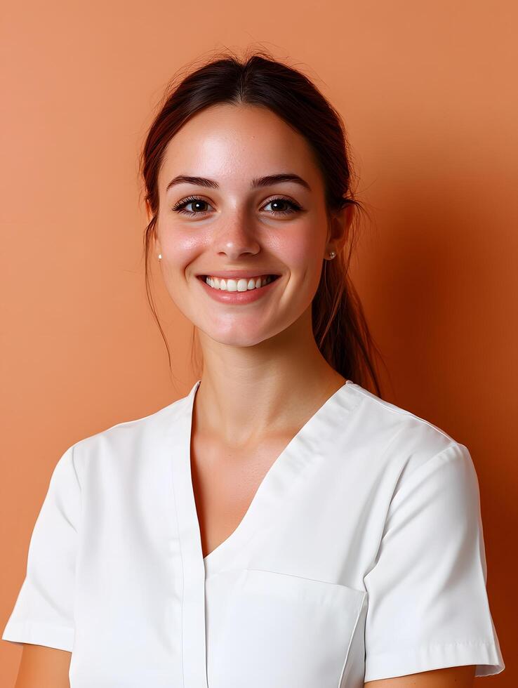 Headshot of a young friendly looking woman wearing a white shirt and smiling confidently against a colored background possibly an office or healthcare setting photo