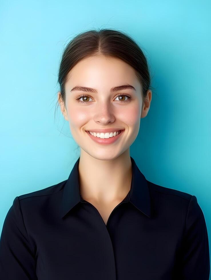 Headshot portrait of a young friendly and professional looking woman in a black corporate uniform with a bright and welcoming expression on her face photo