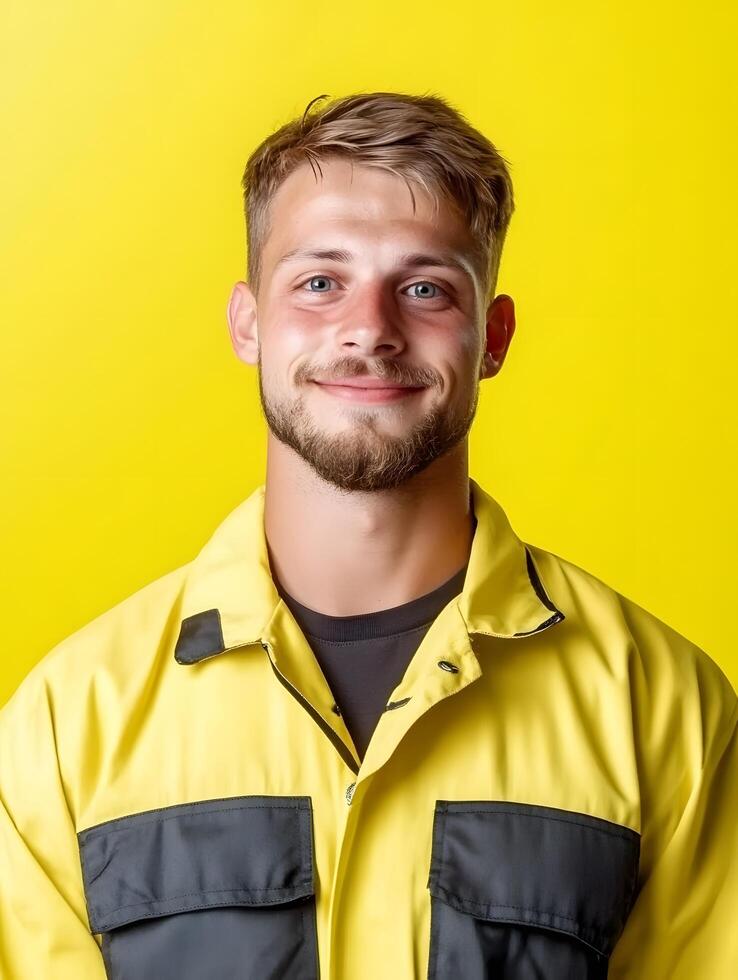 Portrait of a cheerful bearded young man wearing a yellow and gray work jacket smiling confidently against a vibrant yellow background photo