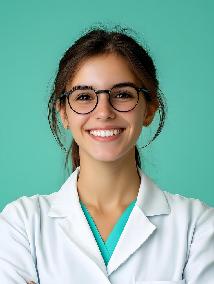 Portrait of a young enthusiastic and friendly biologist wearing a white lab coat and glasses with a warm smile on a vibrant green background photo