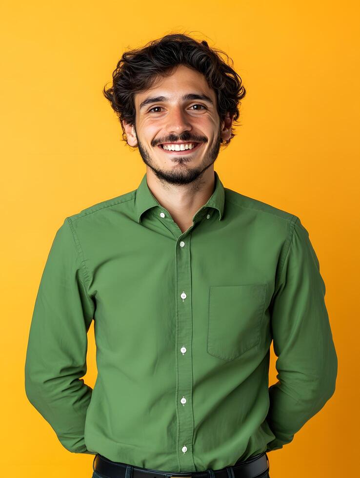 Portrait of a young smiling mathematician wearing a green collared shirt standing against a vibrant yellow background with a confident and friendly expression photo