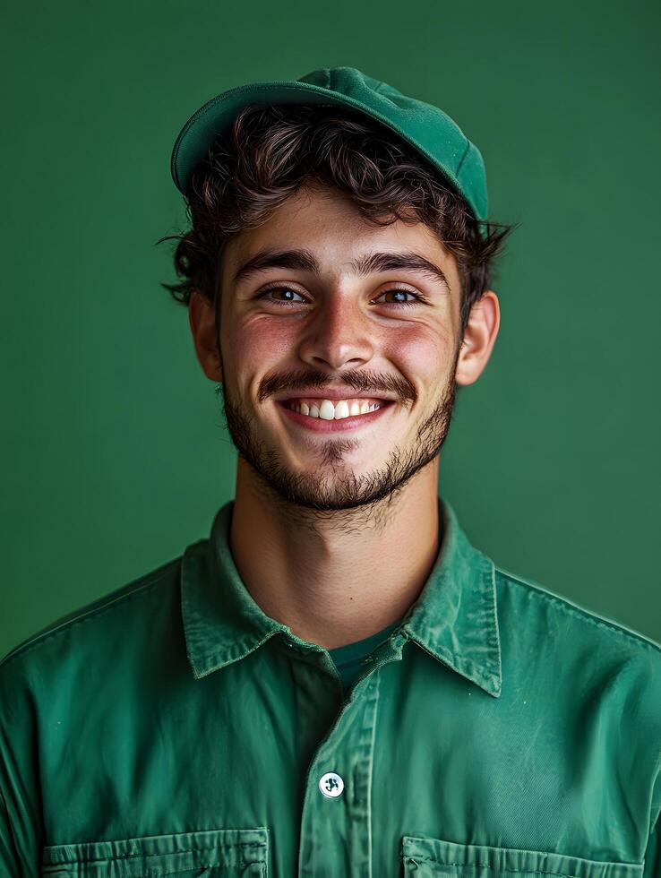Portrait of a cheerful young man wearing a green uniform and hat smiling confidently as a farm worker or gardener set against a vibrant colored background photo