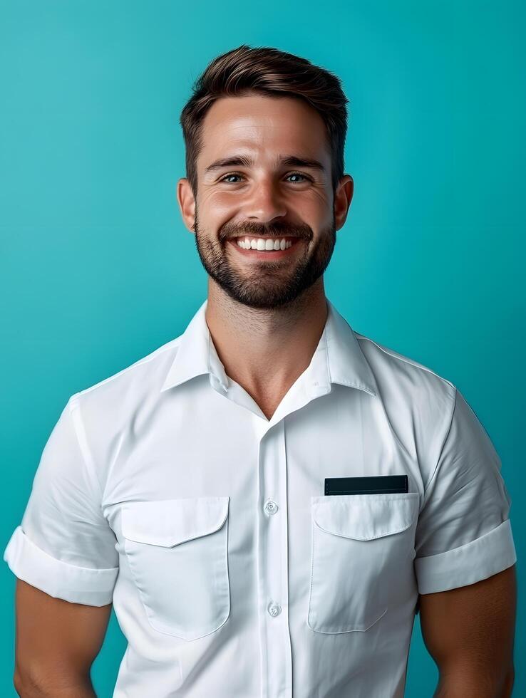 Headshot portrait of a friendly enthusiastic young businessman or employee smiling confidently against a vibrant blue backdrop photo