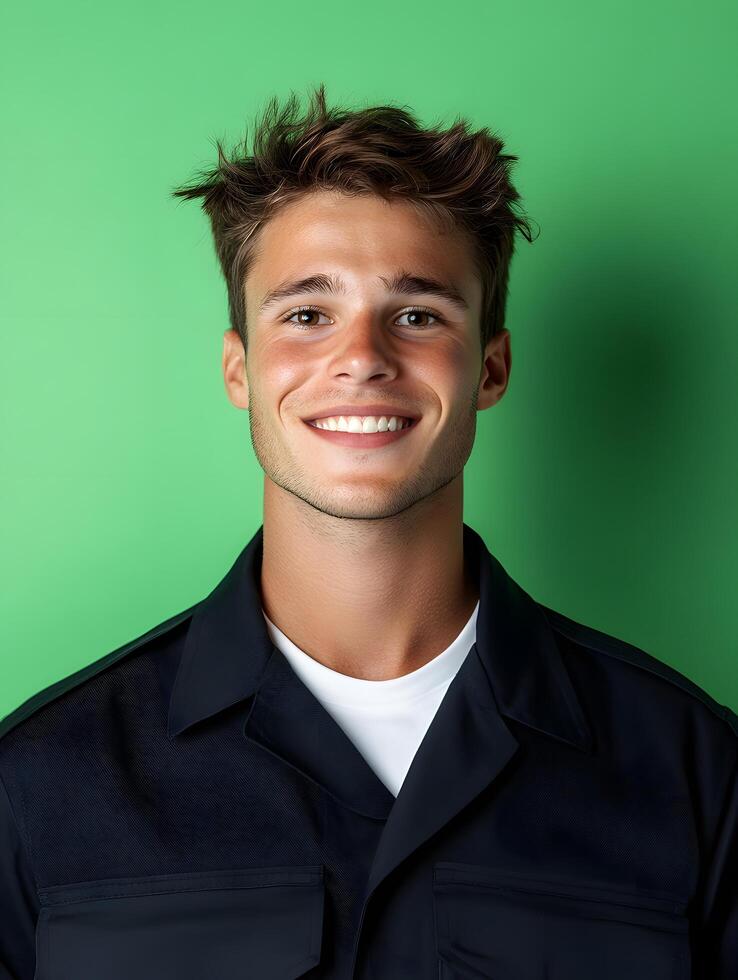 Headshot portrait of a friendly confident young man with short styled hair and a warm inviting smile photographed against a vibrant green studio backdrop photo