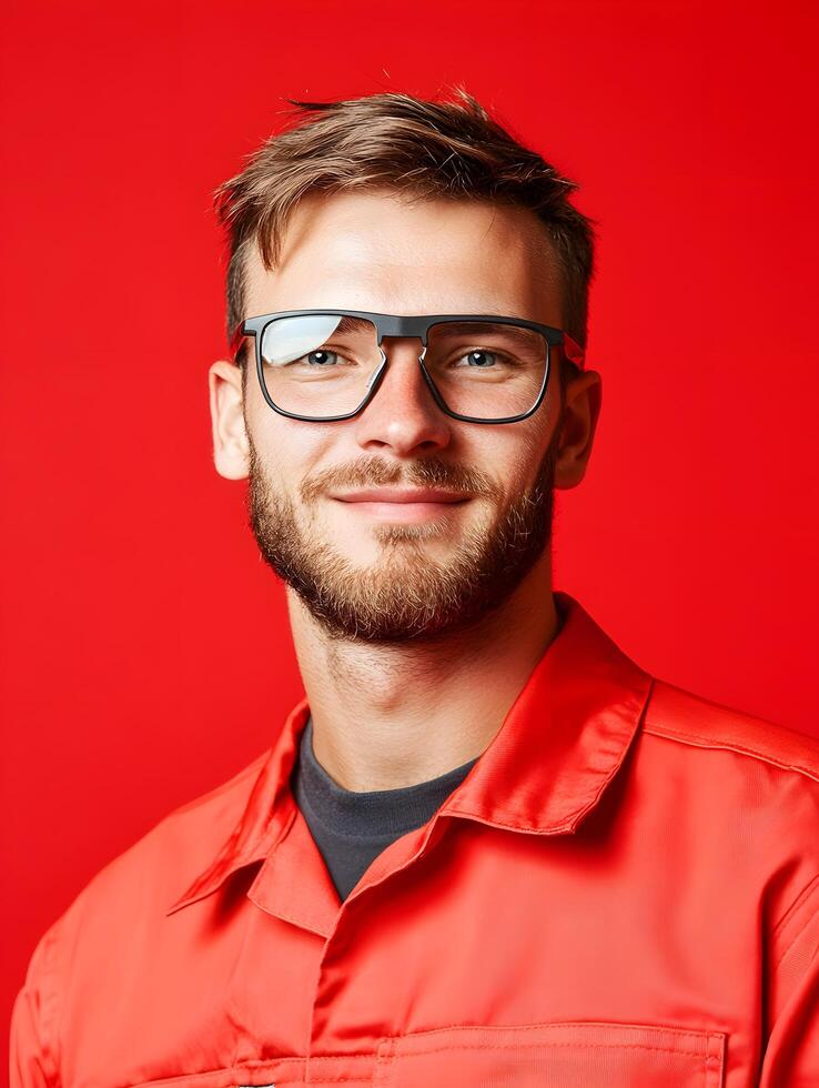 Headshot portrait of a cheerful friendly looking young man wearing a red uniform likely an assembler or worker in a manufacturing or industrial setting photo