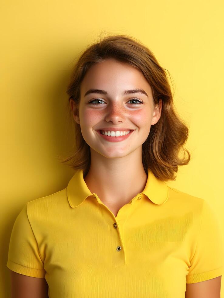 Portrait of a young smiling woman with a warm confident expression against a vibrant yellow background photo