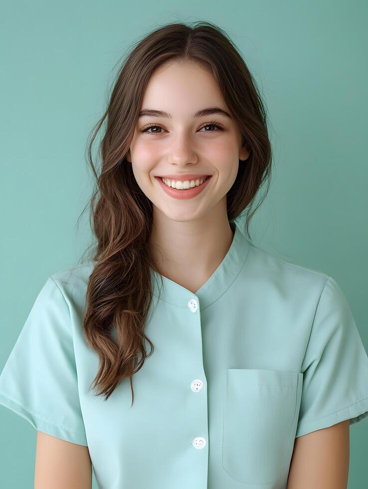 Portrait of a young friendly and approachable cosmetologist with warm inviting expression against a vibrant color background photo