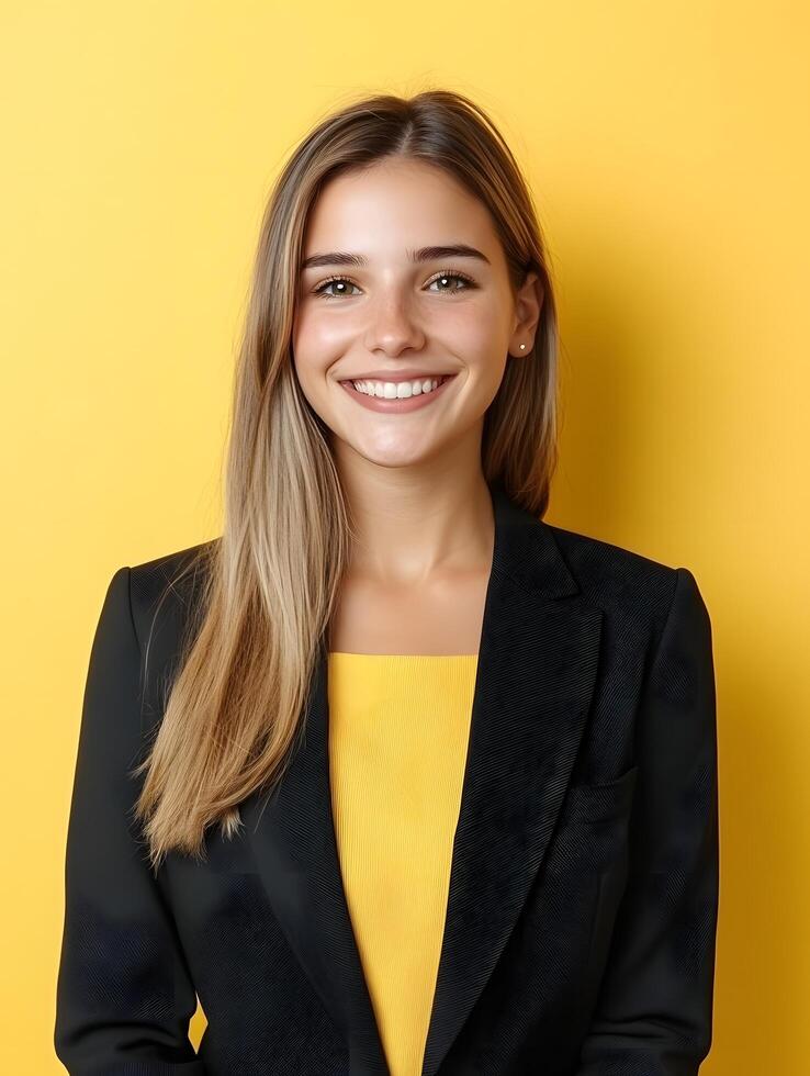 Portrait of a confident and friendly young woman in a black business suit smiling against a vibrant yellow backdrop representing a successful events manager or corporate professional photo
