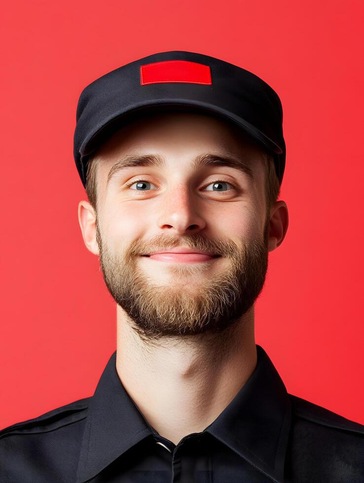 Portrait of a friendly confident young man wearing a professional uniform and cap smiling directly at the against a vibrant red background representing a bus driver or transportation employee photo