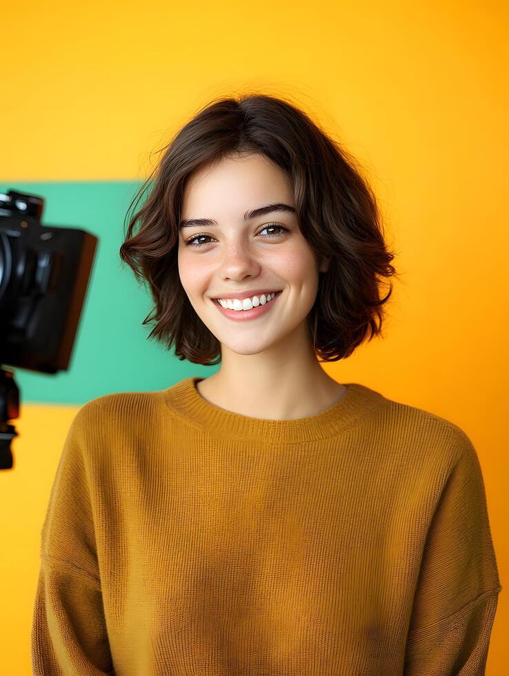 Portrait of a cheerful confident young woman with a in front of a vibrant yellow and green background suggesting a career in media or the arts photo
