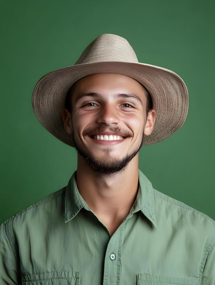 Portrait of a cheerful confident young man wearing a straw hat and casual shirt smiling warmly against a lush vibrant green background suggesting his occupation as a farm worker photo