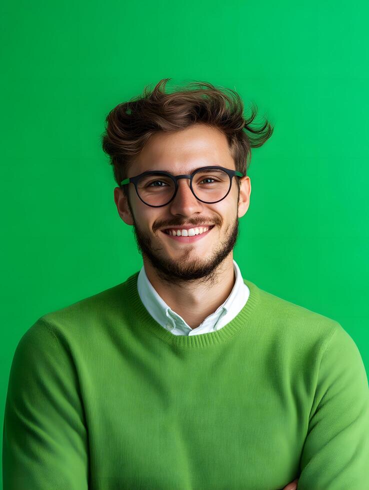 Portrait of a young energetic and confident looking male journalist with an easygoing smile wearing a green sweater against a vibrant green studio backdrop photo
