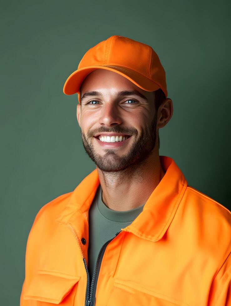 Portrait of a young smiling man wearing an orange safety jacket and hat likely a landscaping or construction worker photo