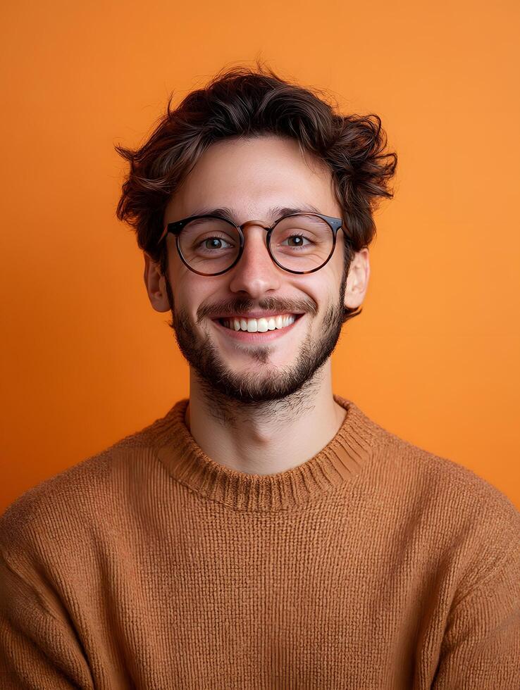 Portrait of a friendly smiling young man with glasses and a beard wearing a warm brown sweater against a vibrant orange background photo