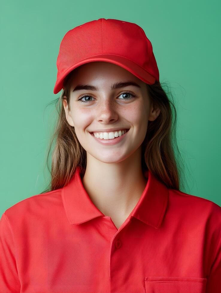 Portrait of a young friendly and enthusiastic fast food employee wearing a red uniform and cap smiling confidently and radiating a welcoming positive demeanor photo