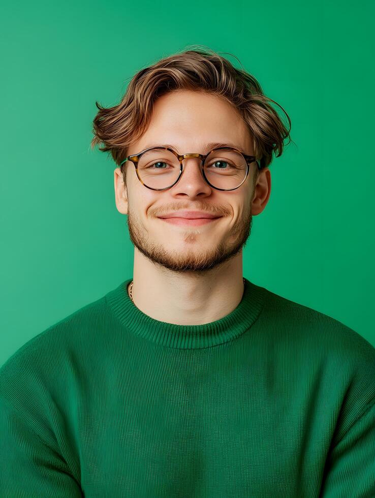 Portrait of a friendly confident young man with glasses and wavy hair smiling warmly against a vibrant green studio backdrop photo