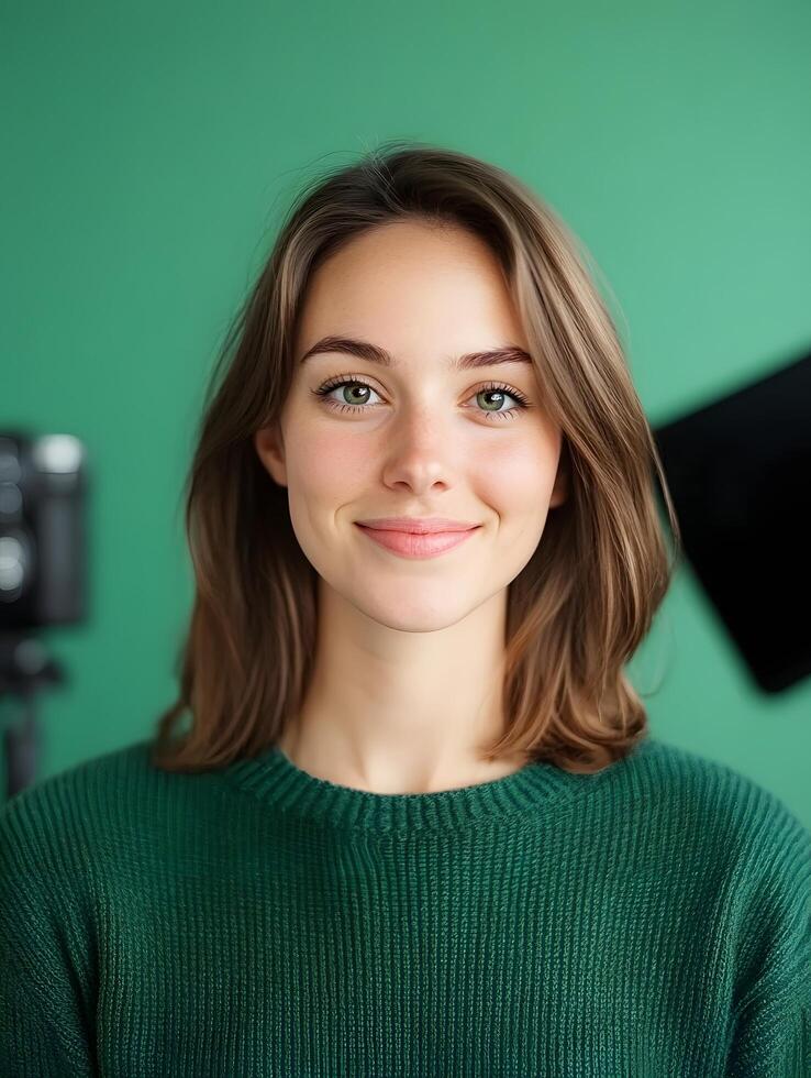 Portrait of a young cheerful woman with warm friendly expression wearing a green sweater in a studio setting with a colorful background photo