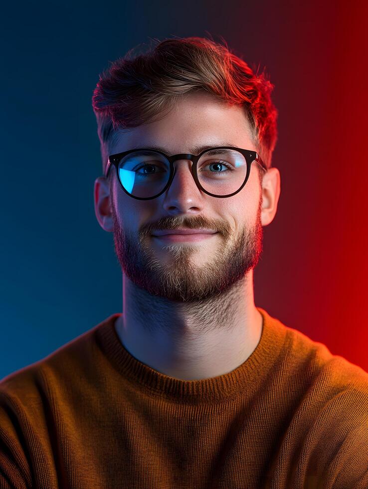 Portrait of a young smiling man with glasses and a beard wearing a casual orange sweater against a colorful blue and red background suggesting a creative photo