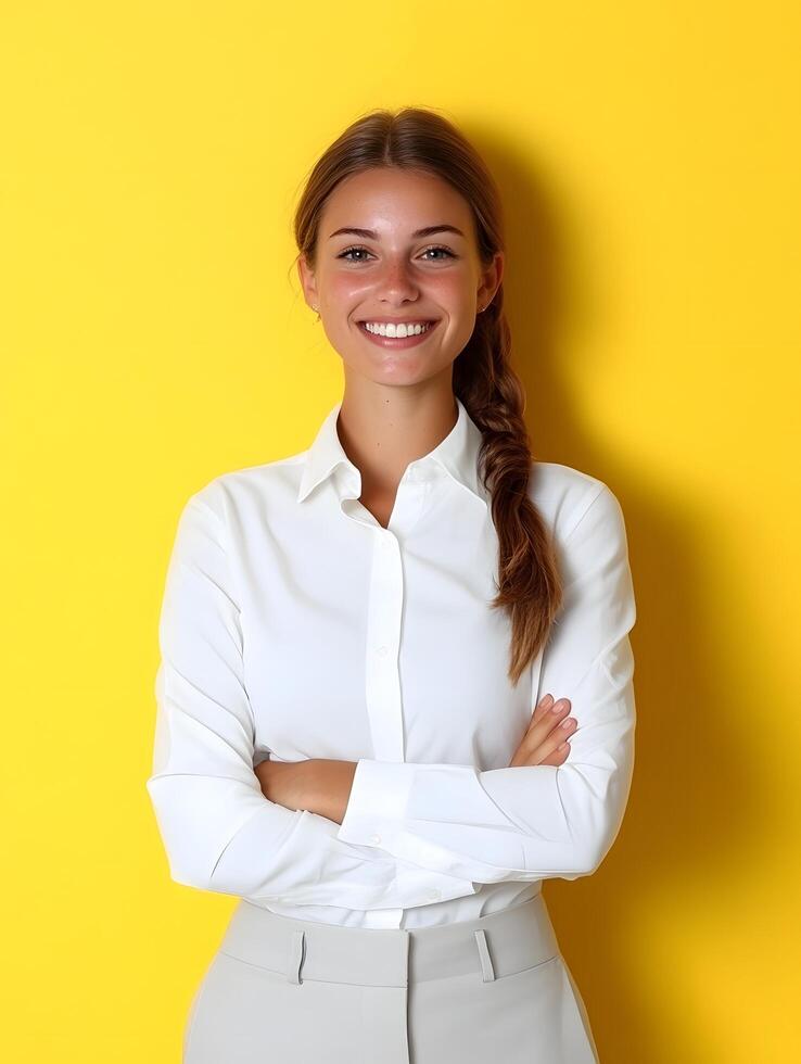 Headshot portrait of a young confident and friendly looking hotel manager standing with her arms crossed and smiling against a vibrant yellow background photo