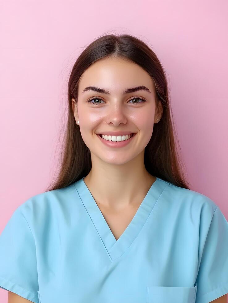 Portrait of a young smiling woman wearing a turquoise medical uniform or scrubs standing against a vibrant pink background and expressing a warm friendly demeanor photo