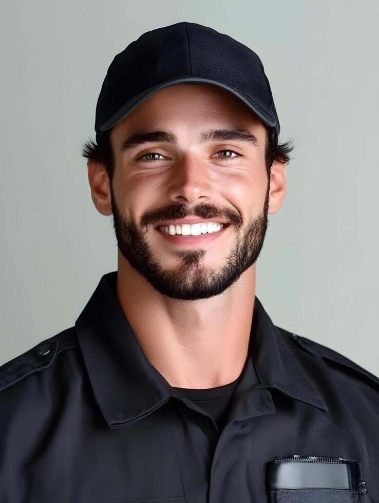 Portrait of a friendly confident security guard wearing a black uniform and cap with a warm and welcoming smile on his face photo