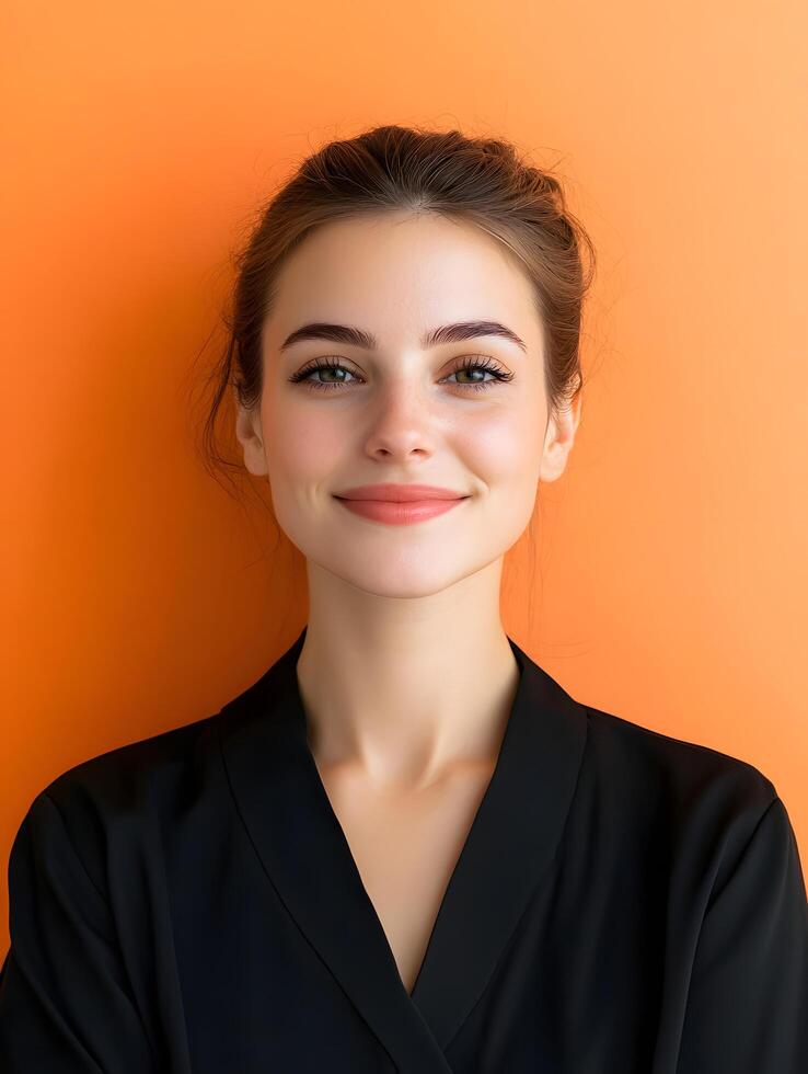 Portrait of a confident and enthusiastic young woman with a warm smile and natural makeup posing against an vibrant orange background photo