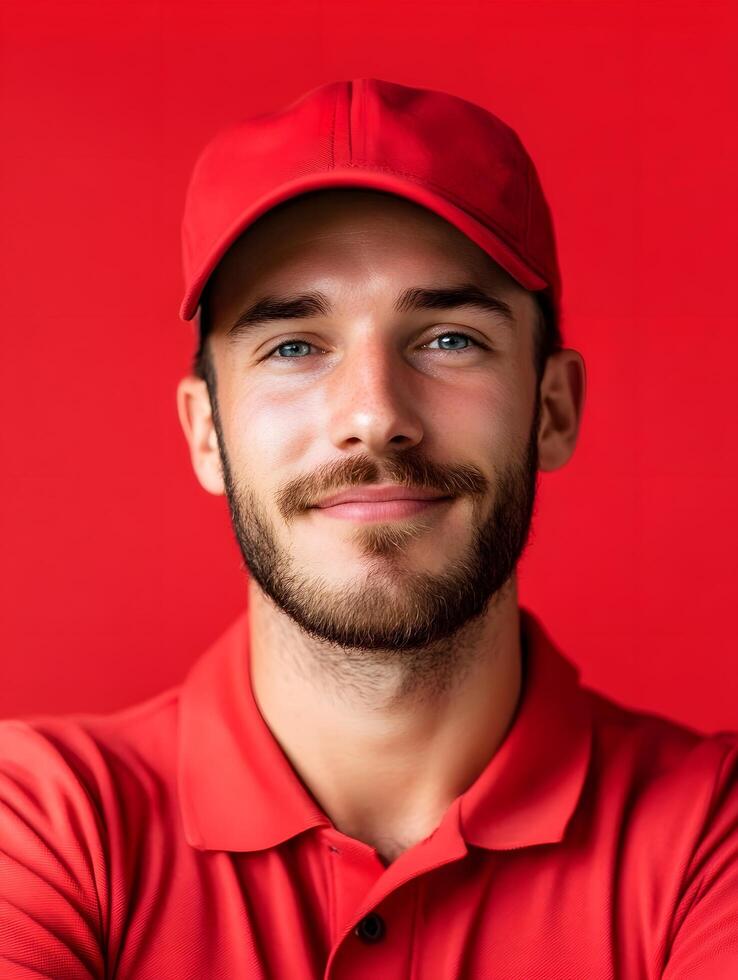 Portrait of a young smiling man with a beard wearing a red cap and shirt against a solid red background photo
