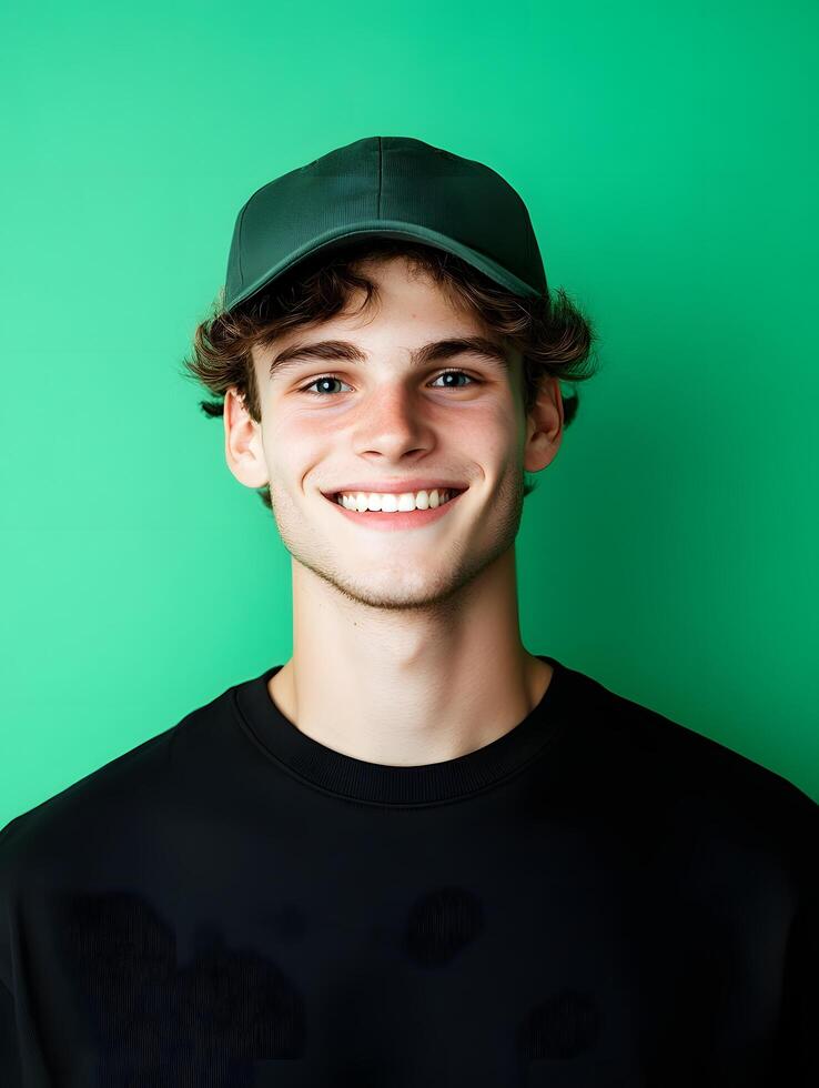 Portrait of a happy friendly young man wearing a casual black shirt and green cap smiling warmly against a bright green background photo