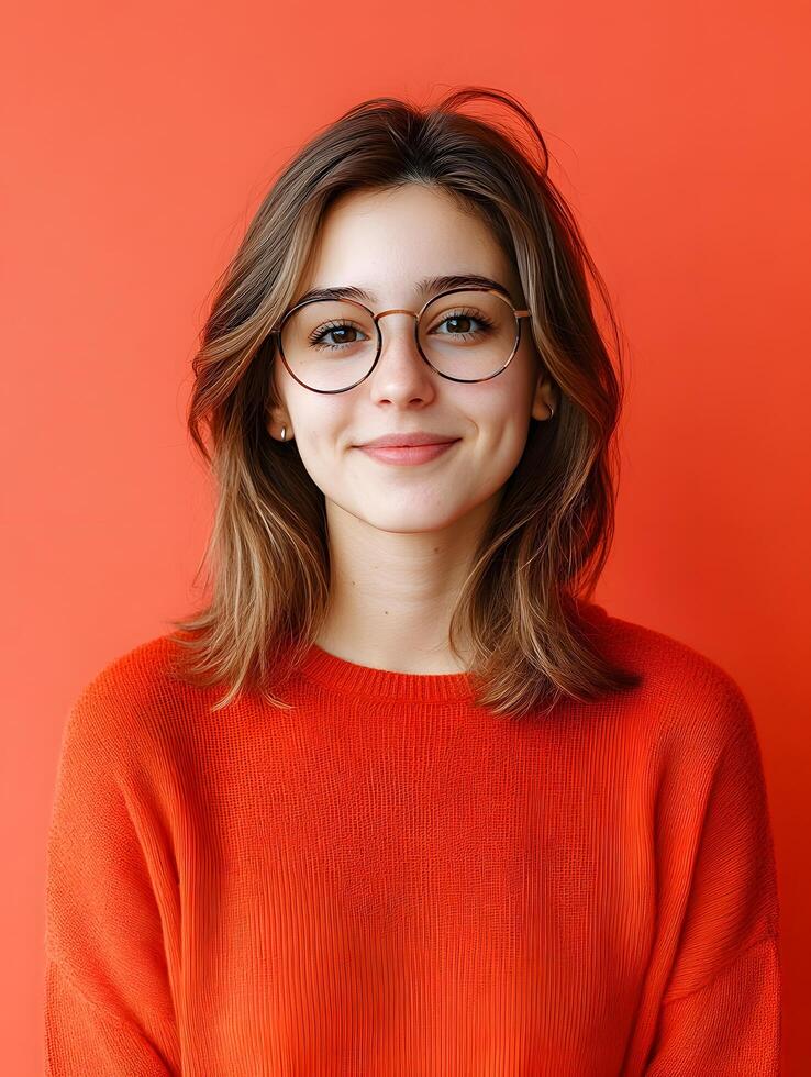 Portrait of a young smiling woman with glasses wearing a red sweater and posing confidently against a bright orange background photo