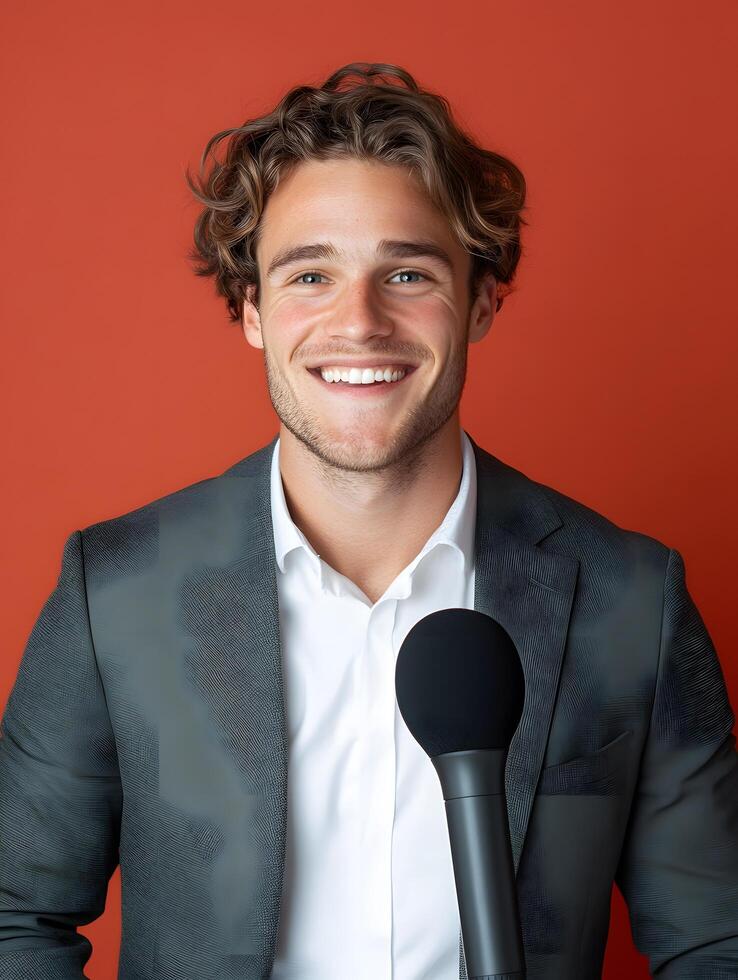 Portrait of a confident well dressed young man holding a microphone and smiling in a professional studio like setting photo