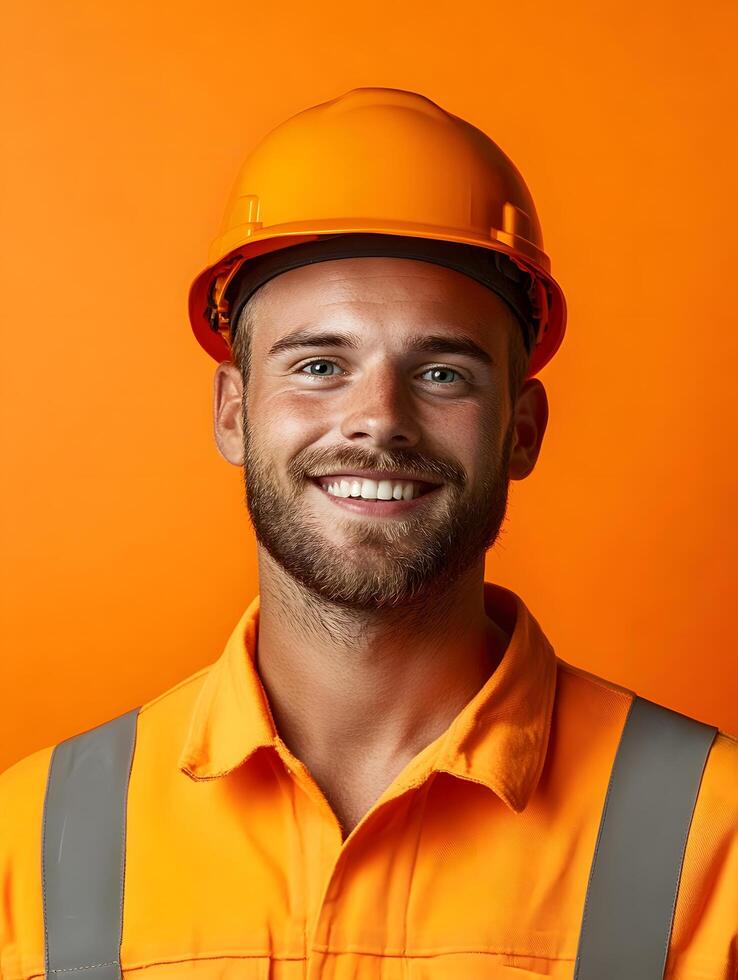 Portrait of a young smiling heavy equipment operator dressed in a bright orange uniform and hard hat exuding confidence and pride in his profession photo