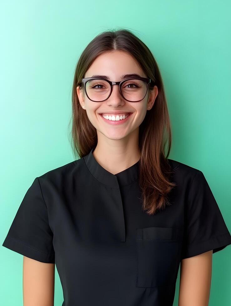Portrait of a young smiling woman in a black shirt likely a salon manager with a cheerful and confident expression photo