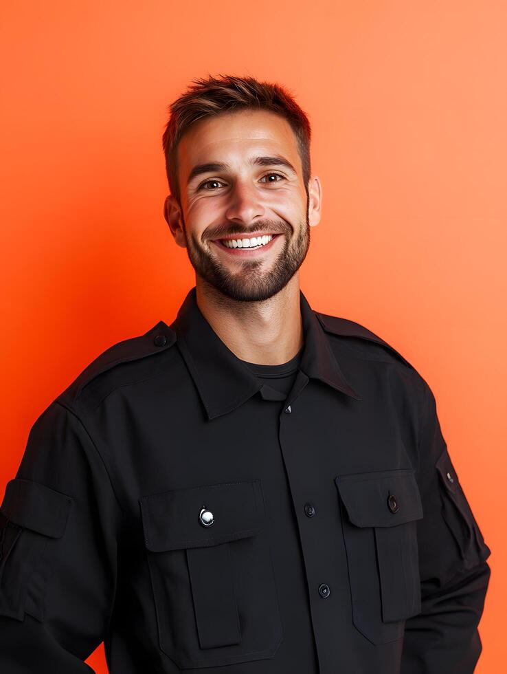 Portrait of a young smiling security guard or employee wearing a black uniform and standing against a vibrant orange background in a studio setting photo